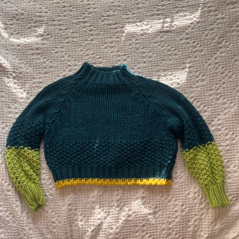 Anthropologie Colorblock Sweater in teal-yellow-lime colors